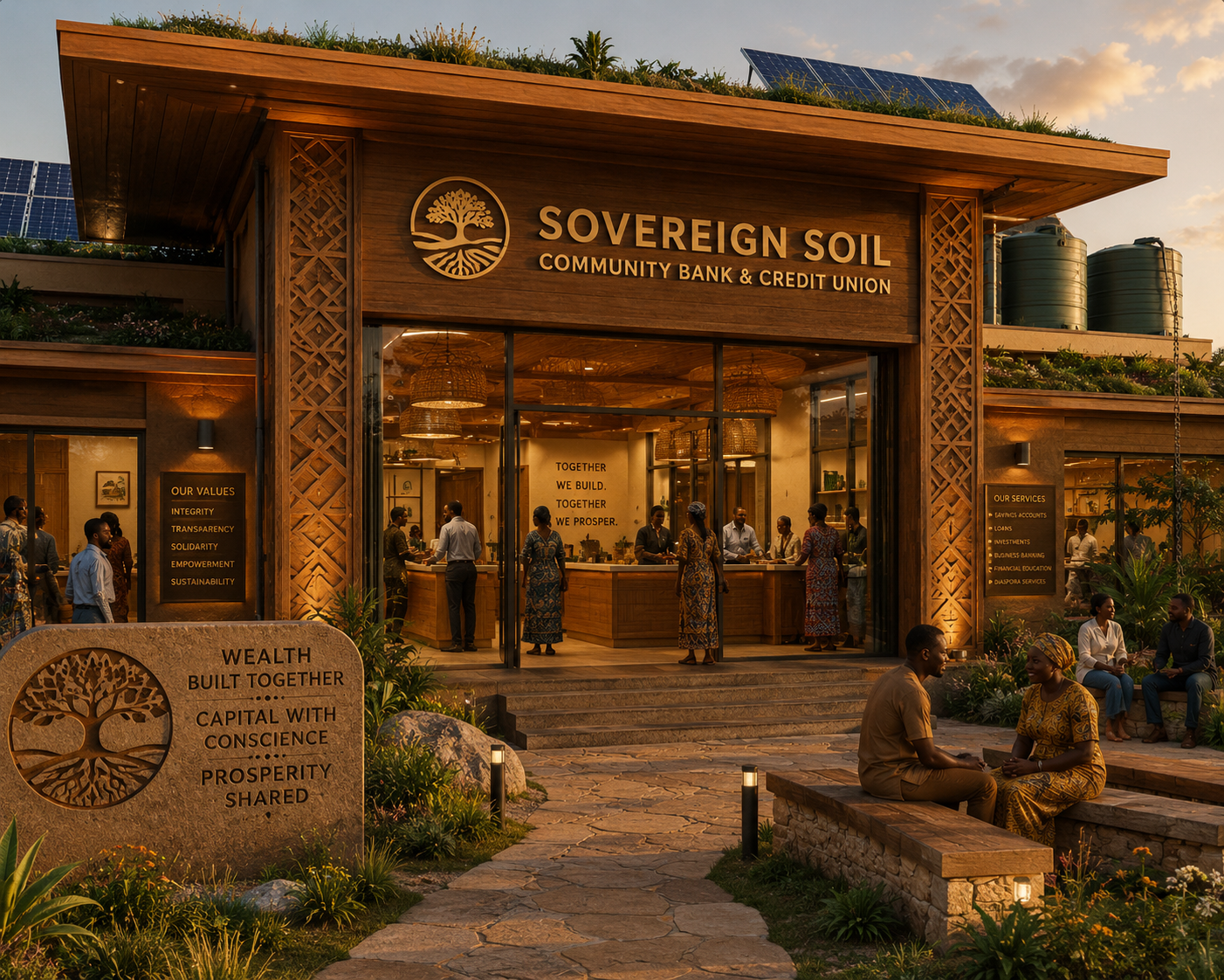 Architectural concept image of the Sovereign Soil Community Bank & Credit Union.