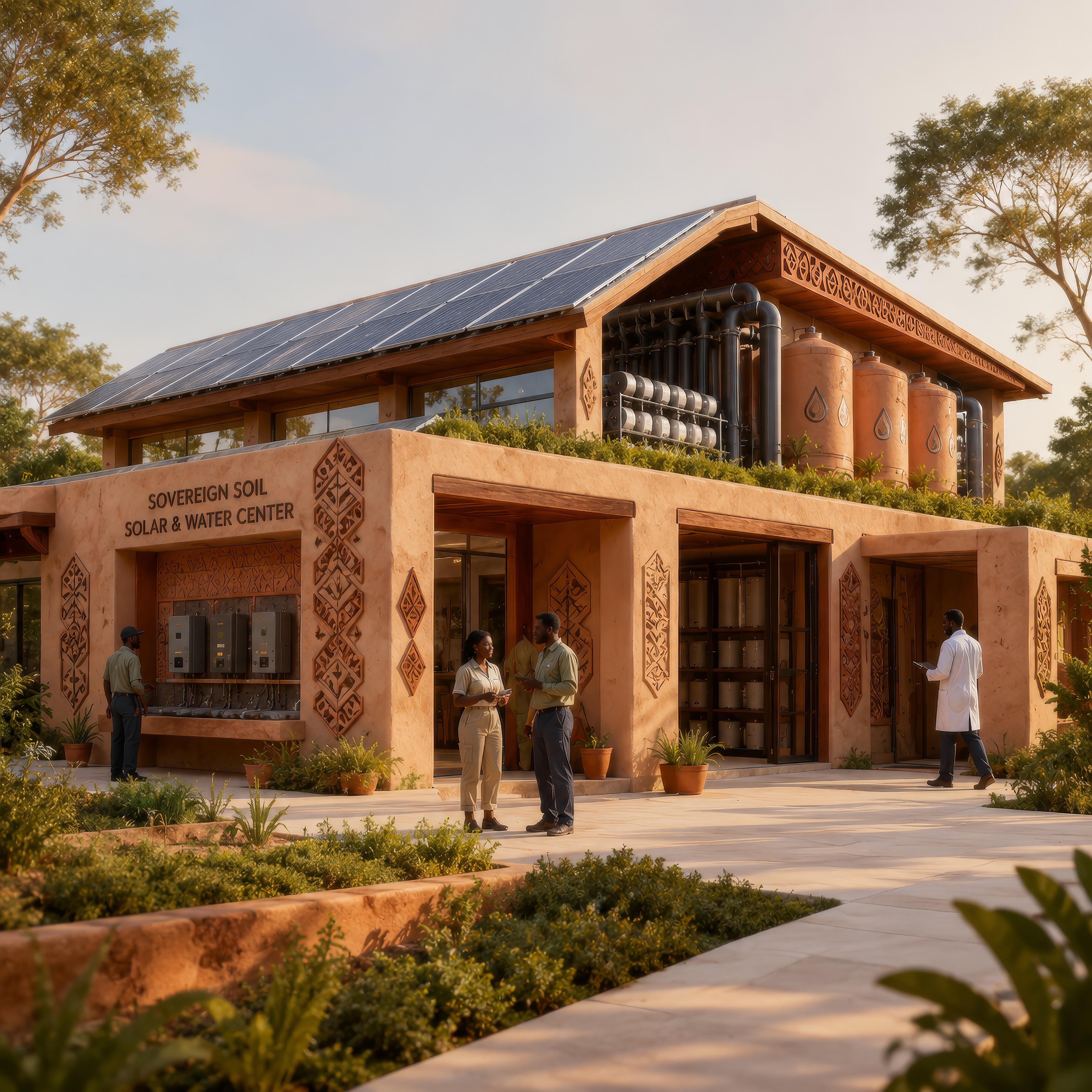 Solar infrastructure and contemporary African buildings along a walkable community street.